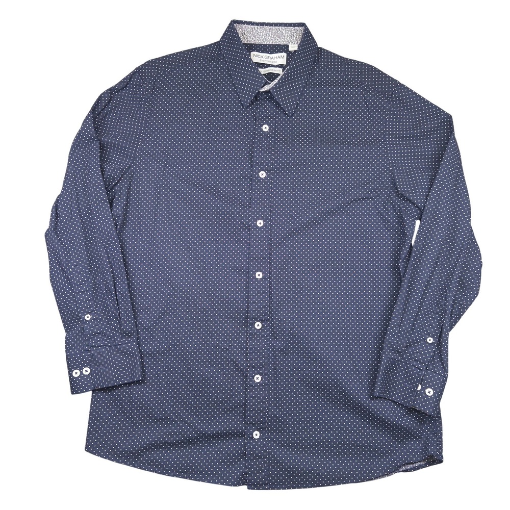 Nick Graham Everywhere Mens XL Shirt Blue White Polka Dot Stretch Modern Fit